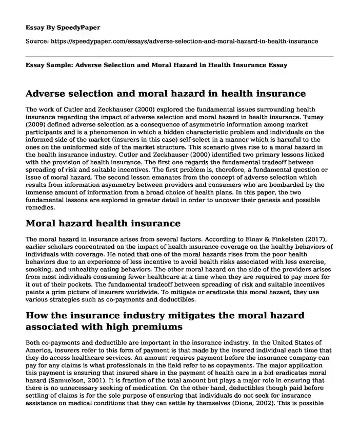 Essay Sample: Adverse Selection and Moral Hazard in Health Insurance