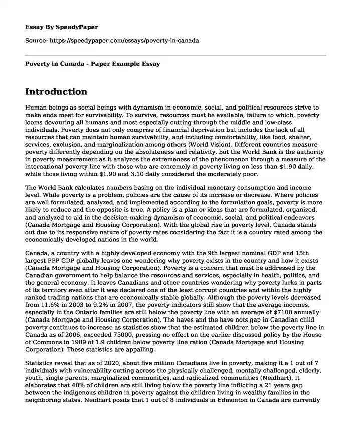 Poverty in Canada - Paper Example