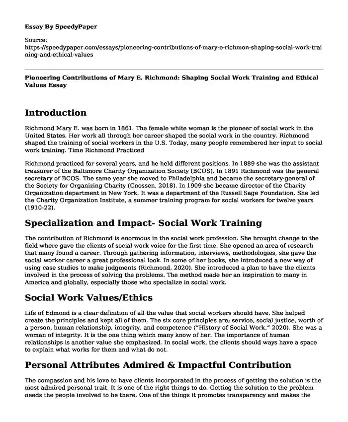 Pioneering Contributions of Mary E. Richmond: Shaping Social Work Training and Ethical Values