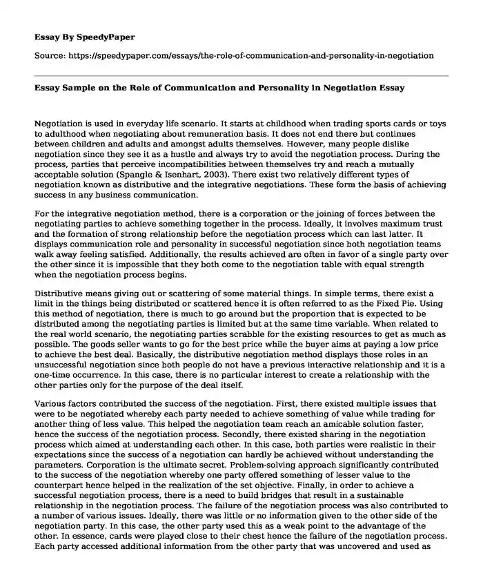 Essay Sample on the Role of Communication and Personality in Negotiation