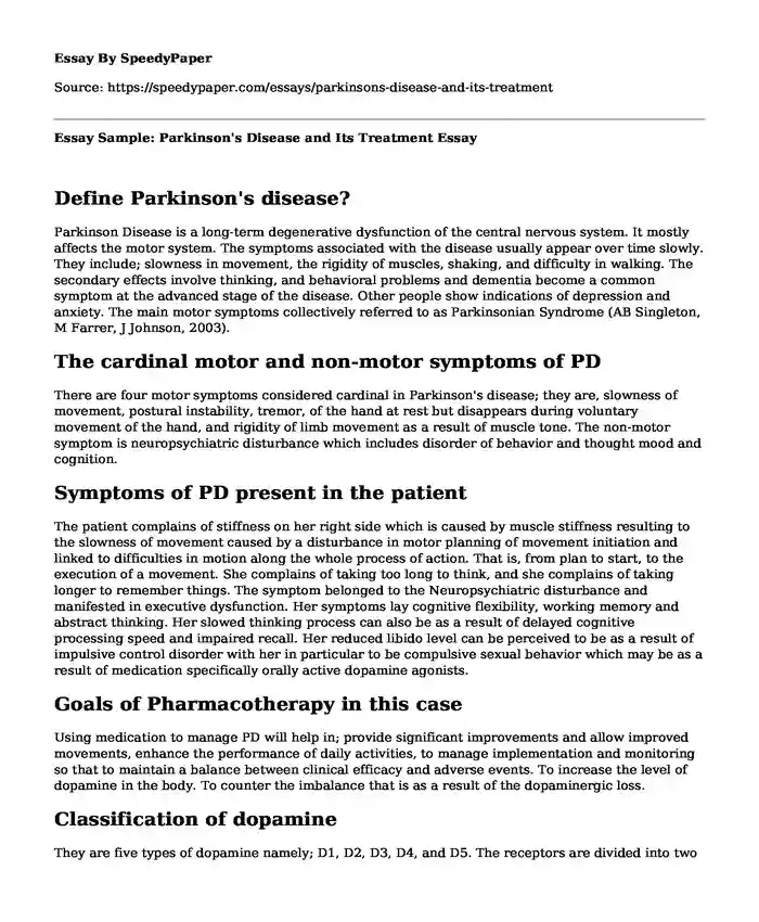Essay Sample: Parkinson's Disease and Its Treatment