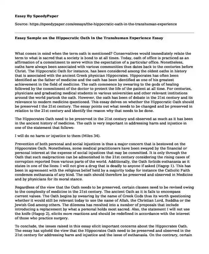 Essay Sample on the Hippocratic Oath in the Transhuman Experience