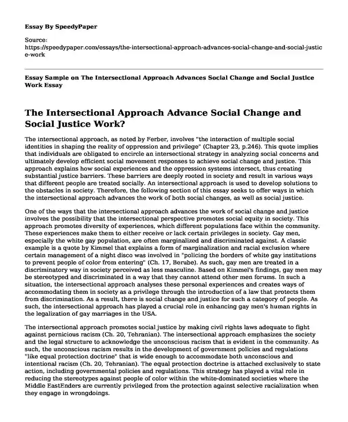 Essay Sample on The Intersectional Approach Advances Social Change and Social Justice Work