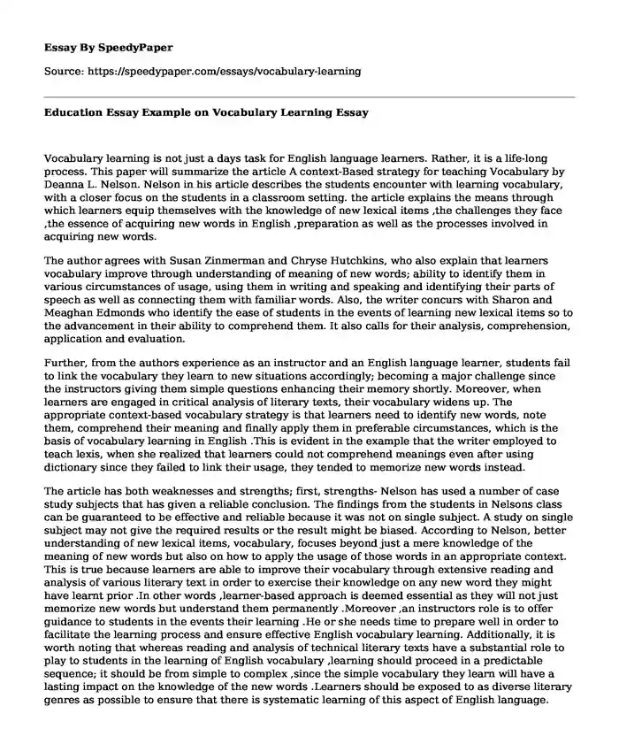 Education Essay Example on Vocabulary Learning