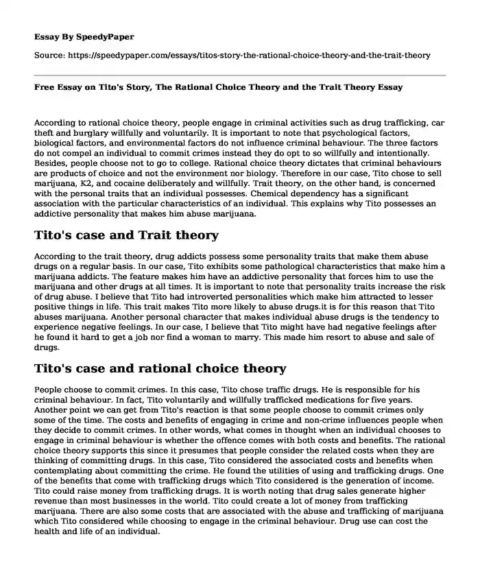 Free Essay on Tito's Story, The Rational Choice Theory and the Trait Theory