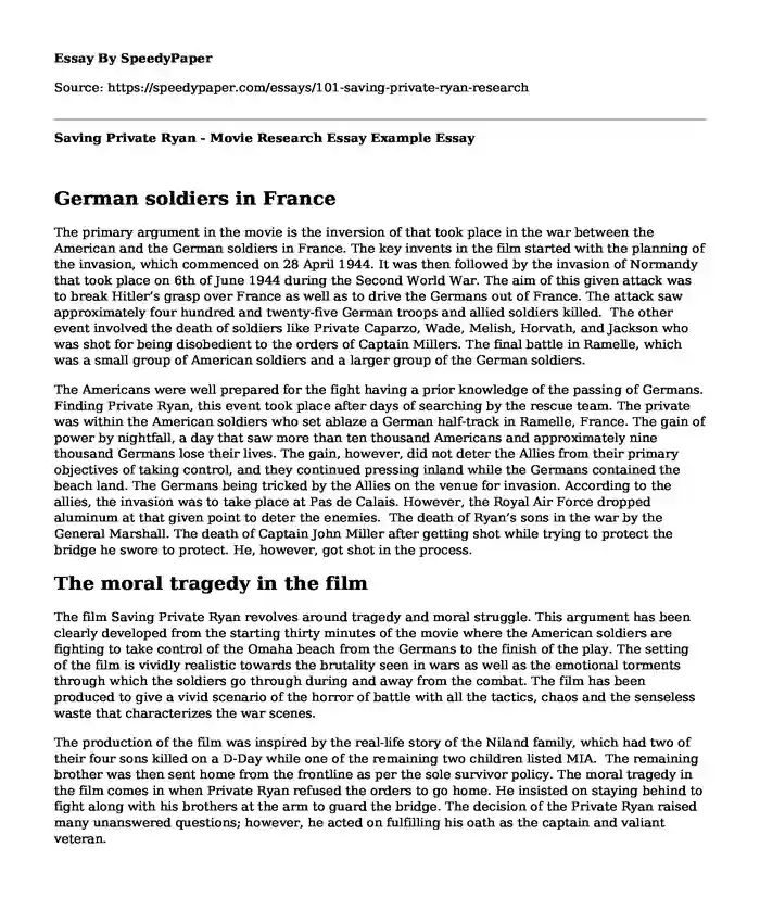 Saving Private Ryan - Movie Research Essay Example