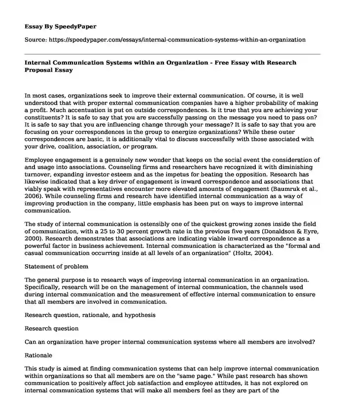 Internal Communication Systems within an Organization - Free Essay with Research Proposal