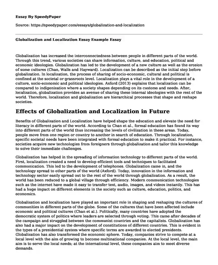 Globalization and Localization Essay Example