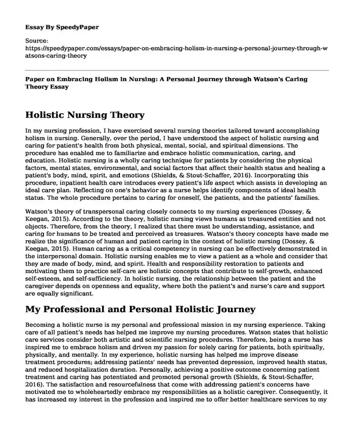 Paper on Embracing Holism in Nursing: A Personal Journey through Watson's Caring Theory