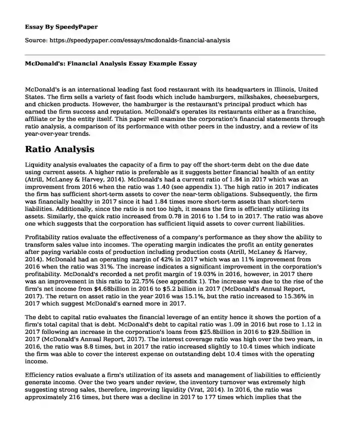 McDonald's: Financial Analysis Essay Example