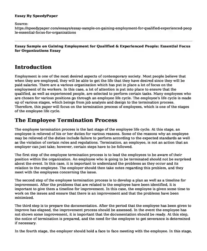 Essay Sample on Gaining Employment for Qualified & Experienced People: Essential Focus for Organizations