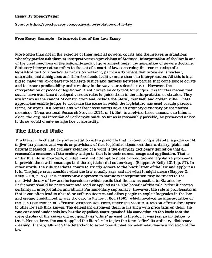 Free Essay Example - Interpretation of the Law
