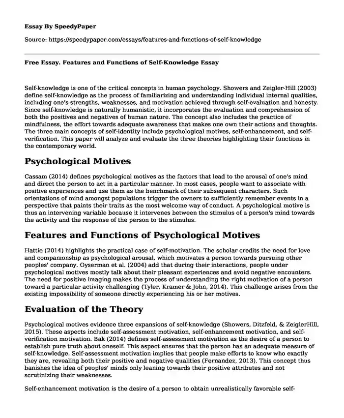 Free Essay. Features and Functions of Self-Knowledge