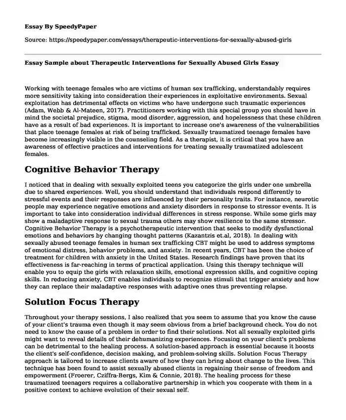 Essay Sample about Therapeutic Interventions for Sexually Abused Girls