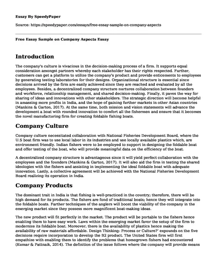 Free Essay Sample on Company Aspects