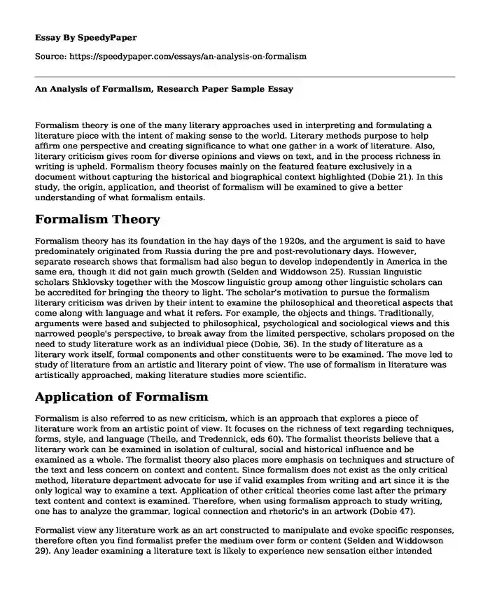 An Analysis of Formalism, Research Paper Sample