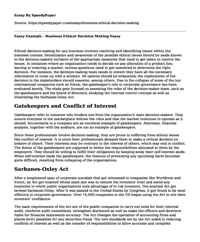 Essay Example - Business Ethical Decision Making