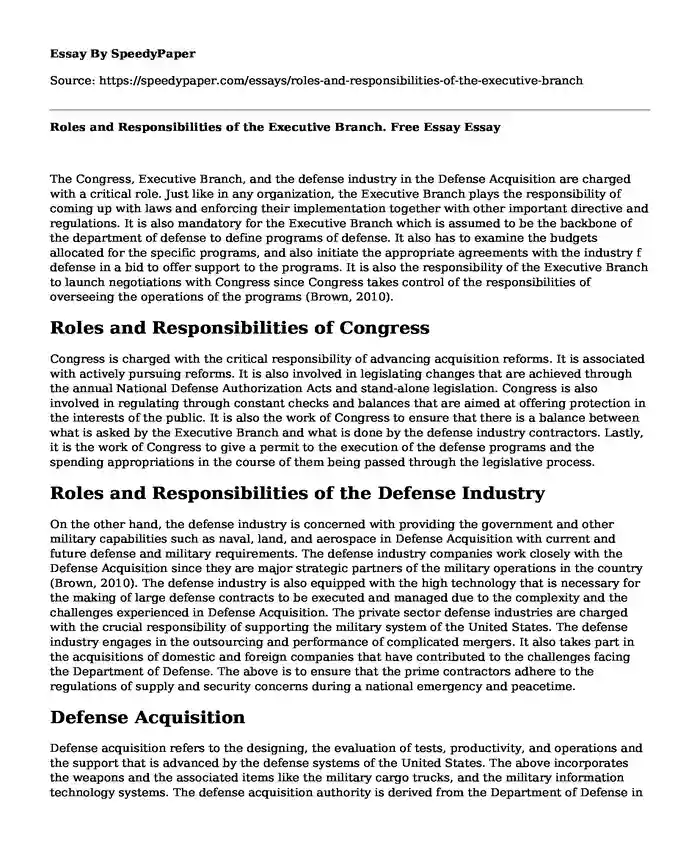 Roles and Responsibilities of the Executive Branch. Free Essay
