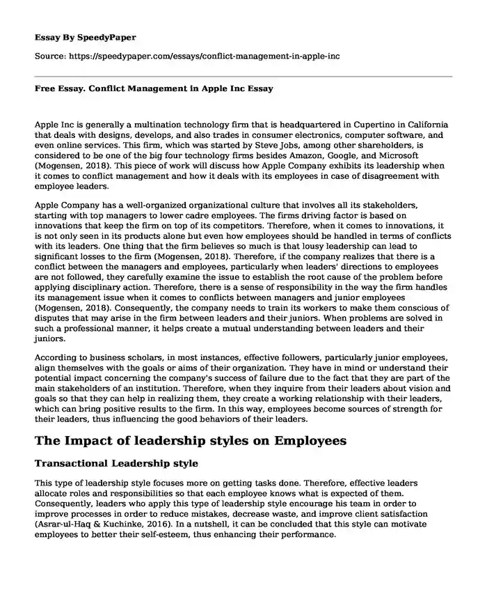 Free Essay. Conflict Management in Apple Inc