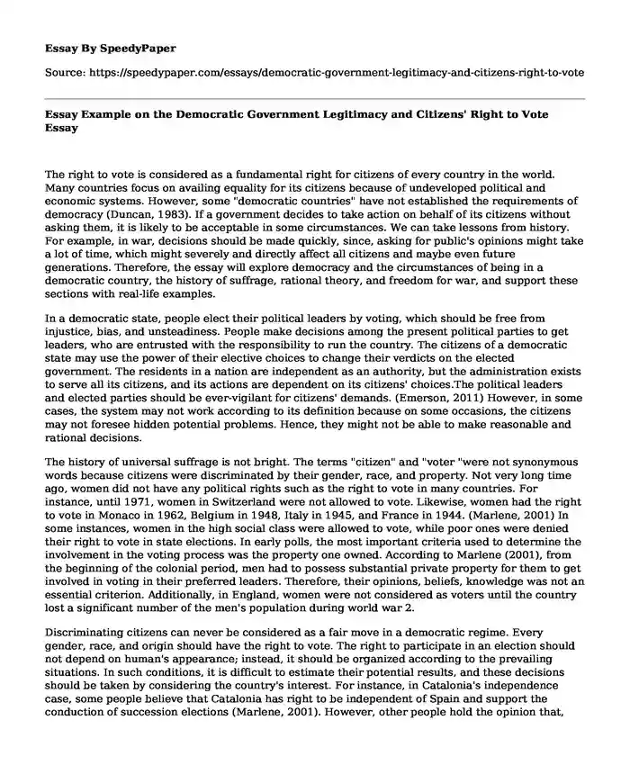 Essay Example on the Democratic Government Legitimacy and Citizens' Right to Vote
