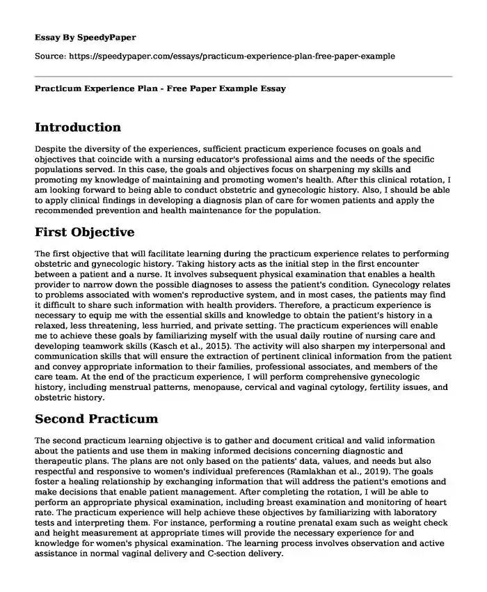 Practicum Experience Plan - Free Paper Example