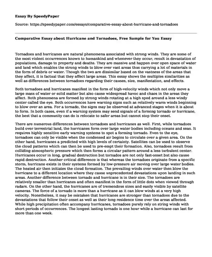 Comparative Essay about Hurricane and Tornadoes, Free Sample for You
