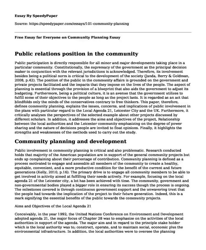 Free Essay for Everyone on Community Planning