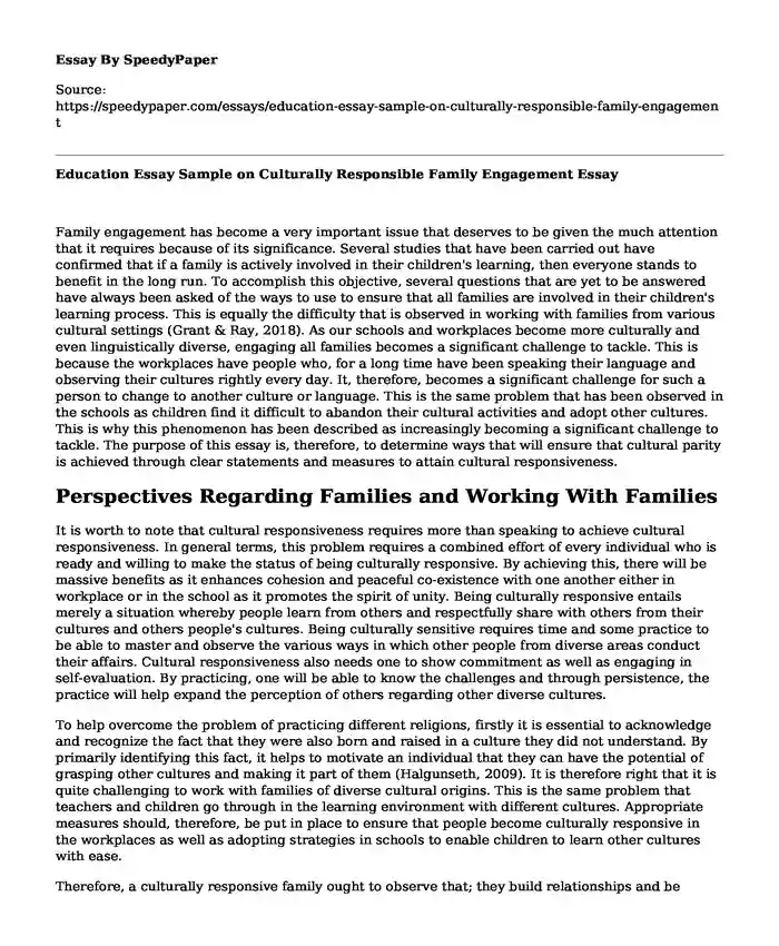 Education Essay Sample on Culturally Responsible Family Engagement