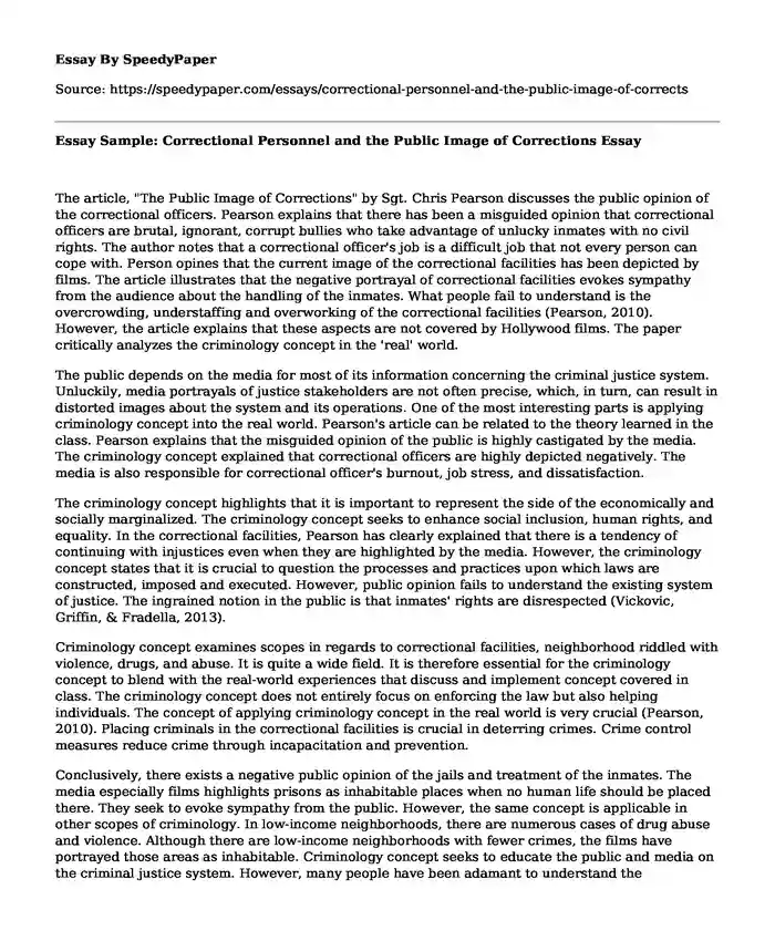 Essay Sample: Correctional Personnel and the Public Image of Corrections