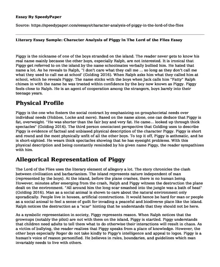 Literary Essay Sample: Character Analysis of Piggy in The Lord of the Flies