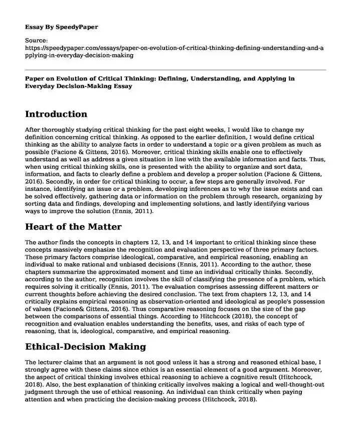 Paper on Evolution of Critical Thinking: Defining, Understanding, and Applying in Everyday Decision-Making