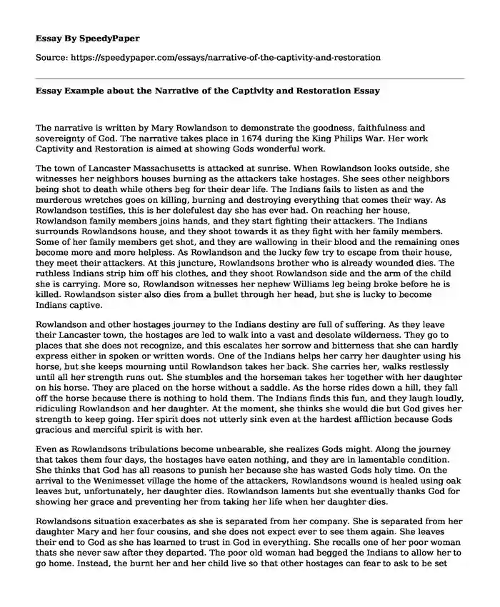 Essay Example about the Narrative of the Captivity and Restoration