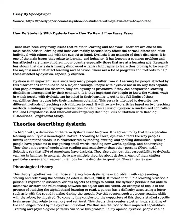 How Do Students With Dyslexia Learn How To Read? Free Essay