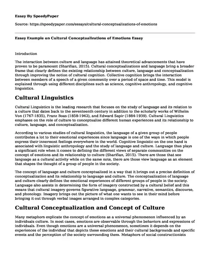 Essay Example on Cultural Conceptualizations of Emotions