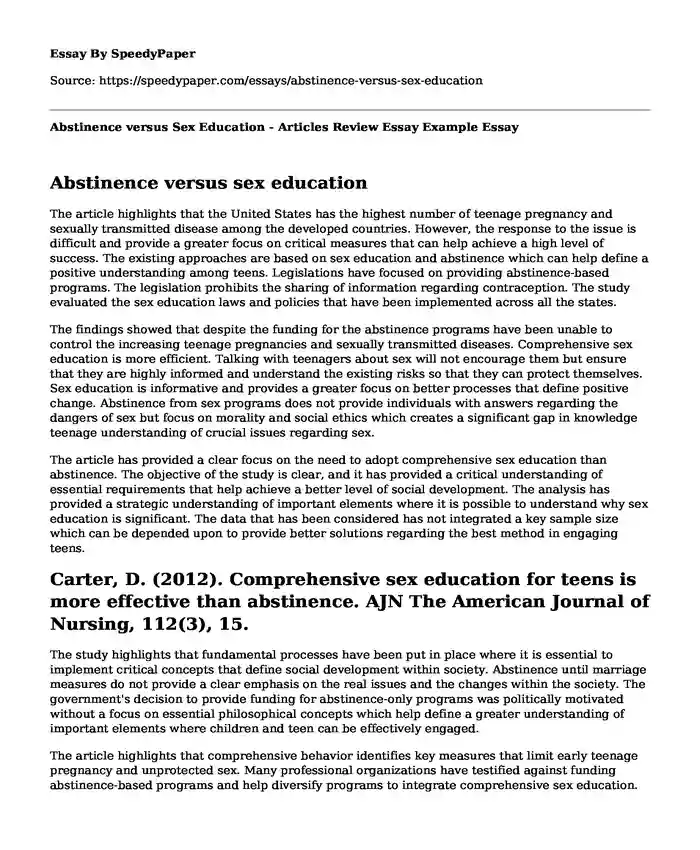 Abstinence versus Sex Education - Articles Review Essay Example