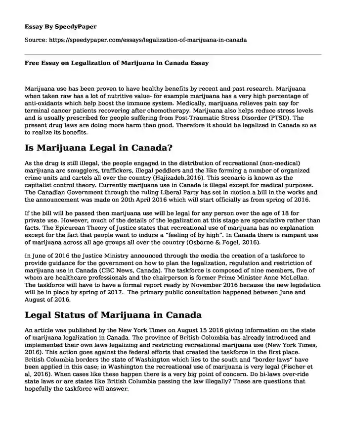 Free Essay on Legalization of Marijuana in Canada