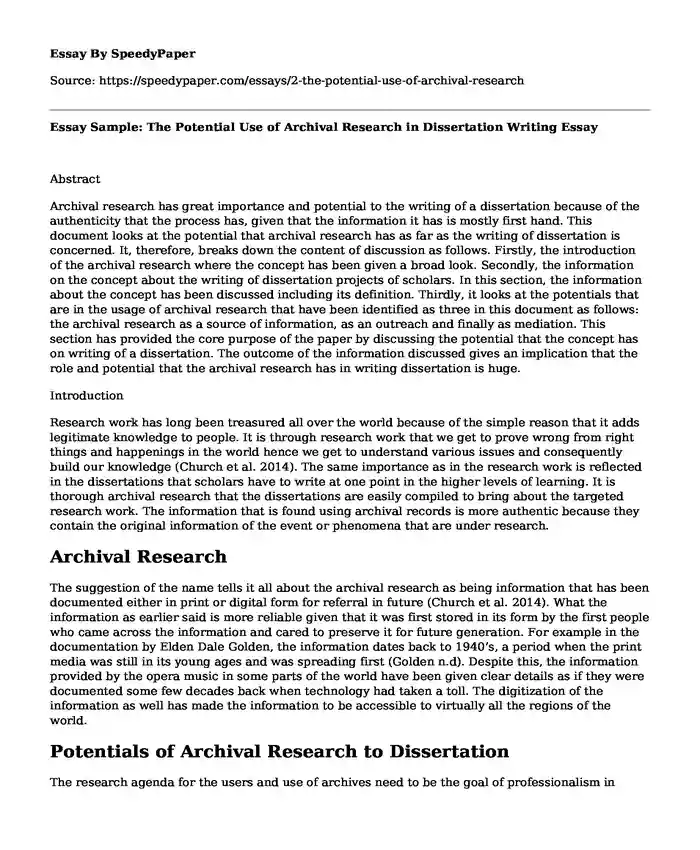 Essay Sample: The Potential Use of Archival Research in Dissertation Writing