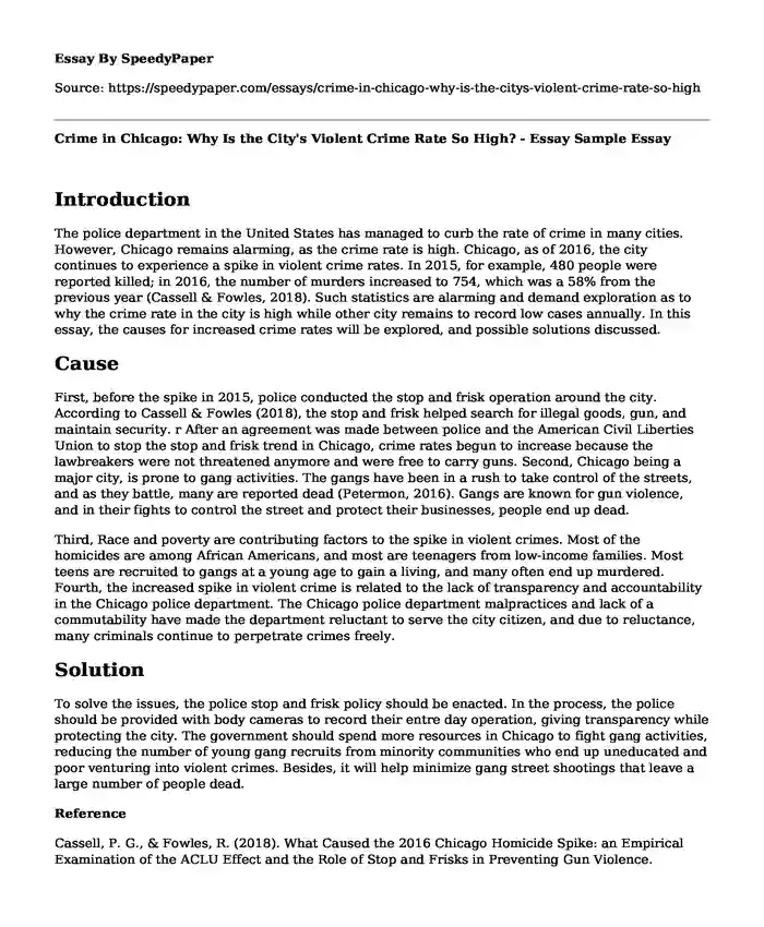 Crime in Chicago: Why Is the City's Violent Crime Rate So High? - Essay Sample