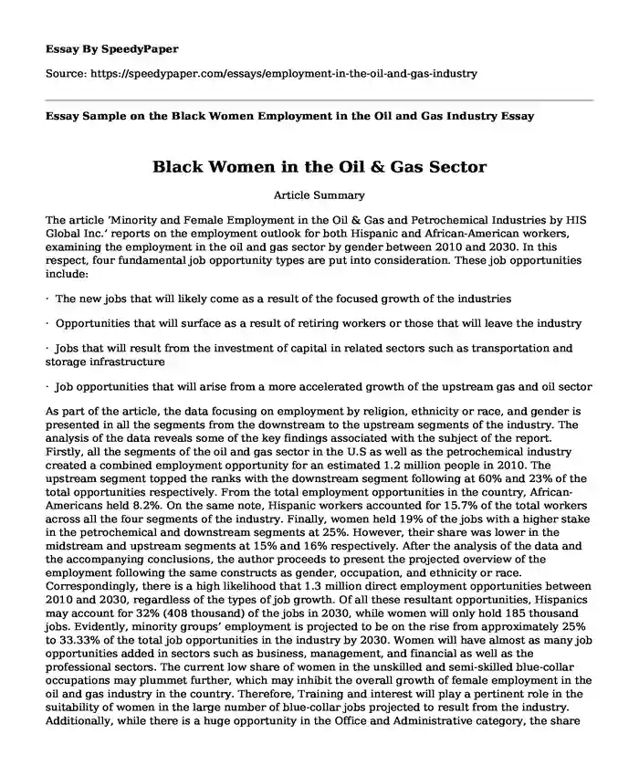 Essay Sample on the Black Women Employment in the Oil and Gas Industry