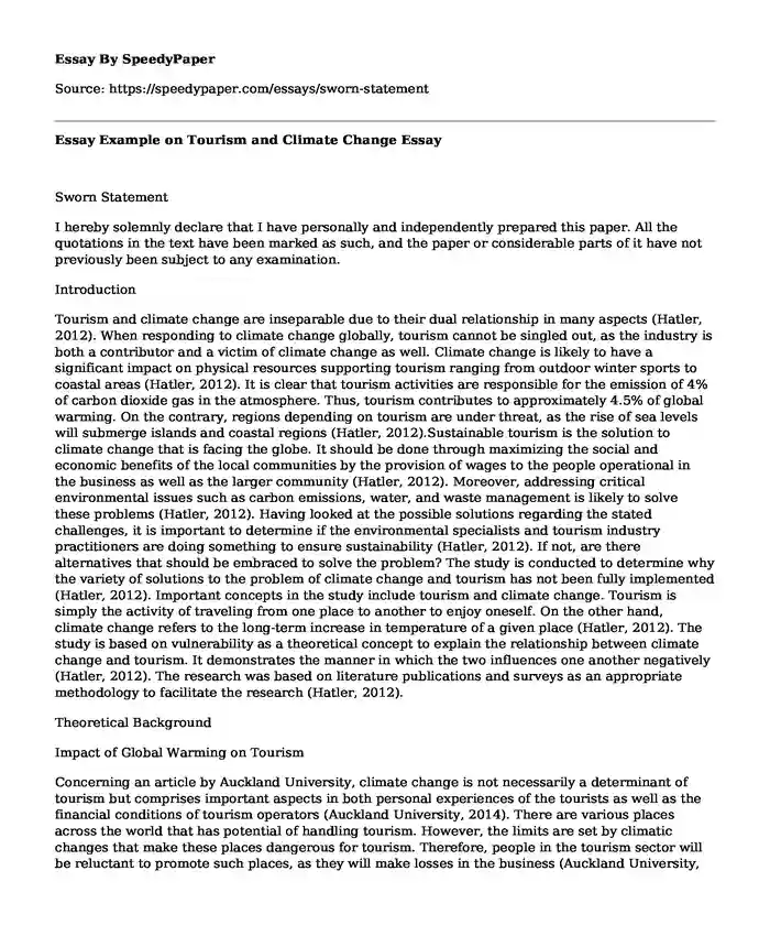 Essay Example on Tourism and Climate Change