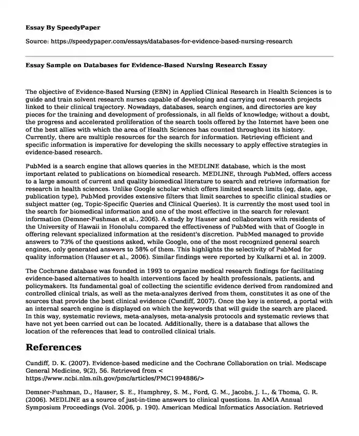 Essay Sample on Databases for Evidence-Based Nursing Research