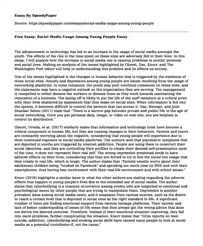 Free Essay: Social Media Usage Among Young People