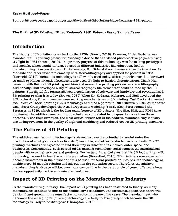 The Birth of 3D Printing: Hideo Kodama's 1981 Patent - Essay Sample