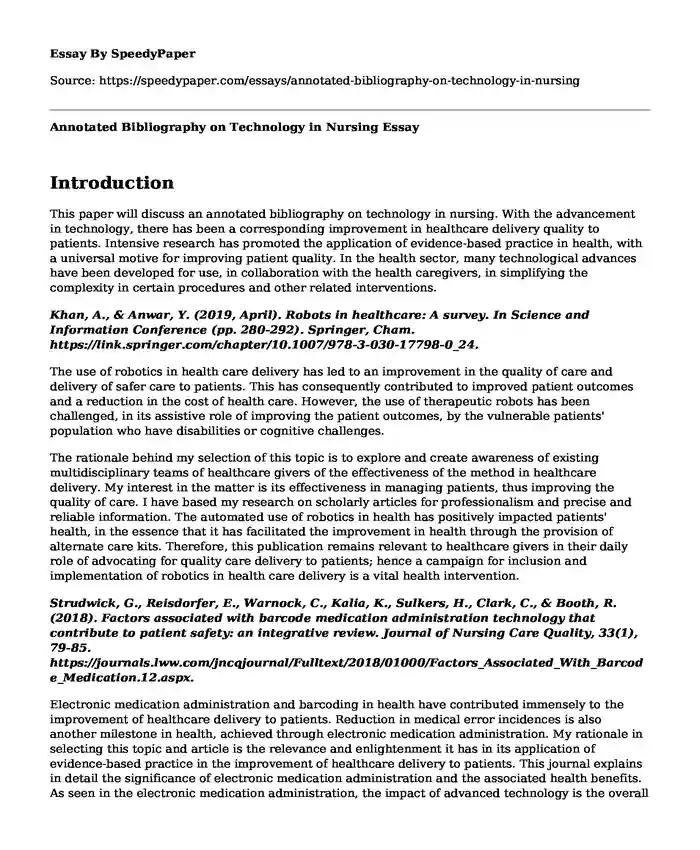 Annotated Bibliography on Technology in Nursing