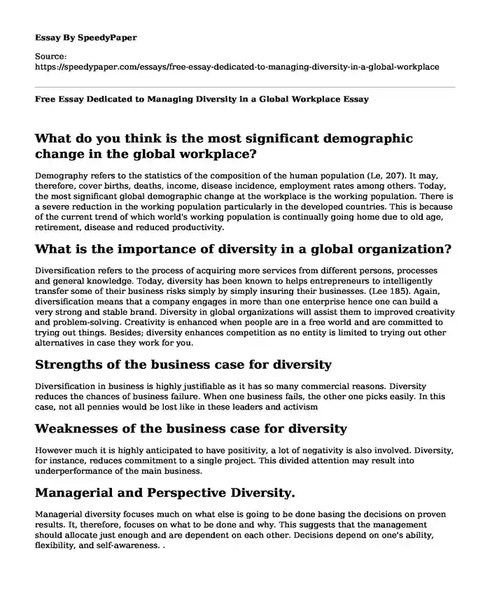 Free Essay Dedicated to Managing Diversity in a Global Workplace