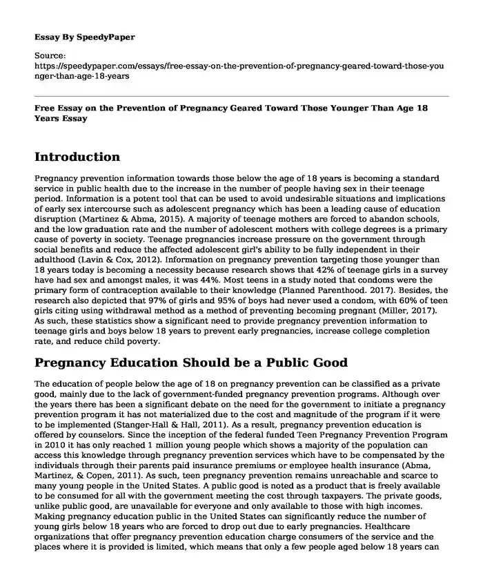 Free Essay on the Prevention of Pregnancy Geared Toward Those Younger Than Age 18 Years 