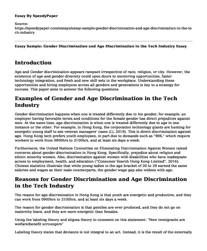 Essay Sample: Gender Discrimination and Age Discrimination in the Tech Industry