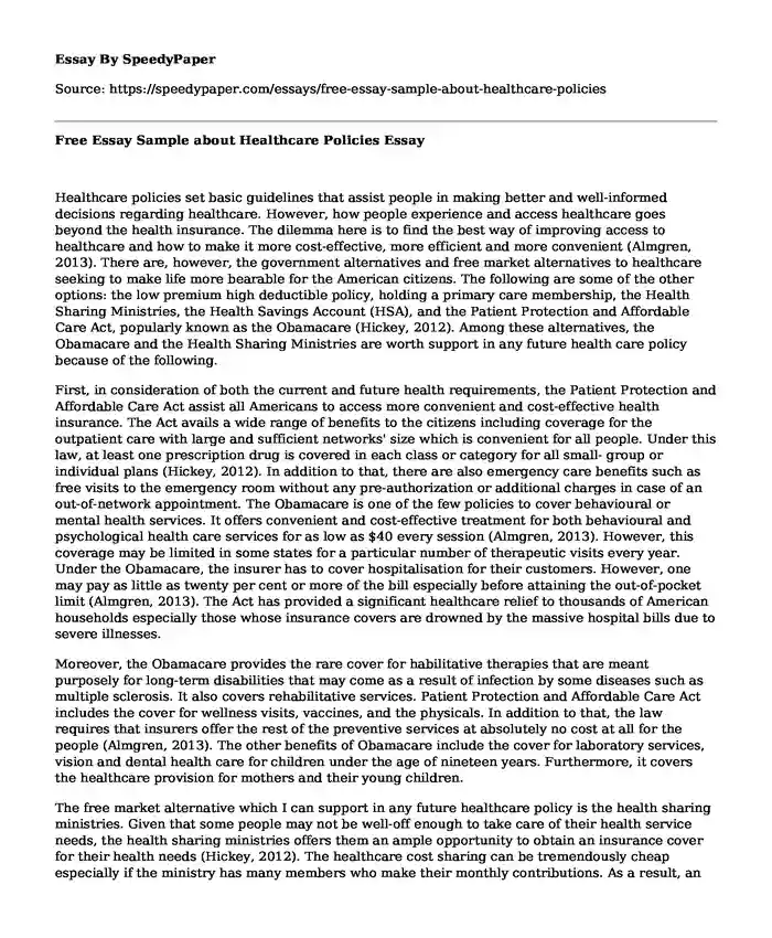 Free Essay Sample about Healthcare Policies