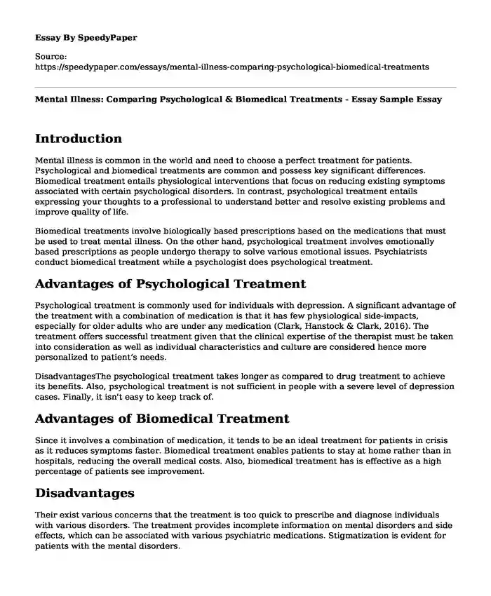Mental Illness: Comparing Psychological & Biomedical Treatments - Essay Sample