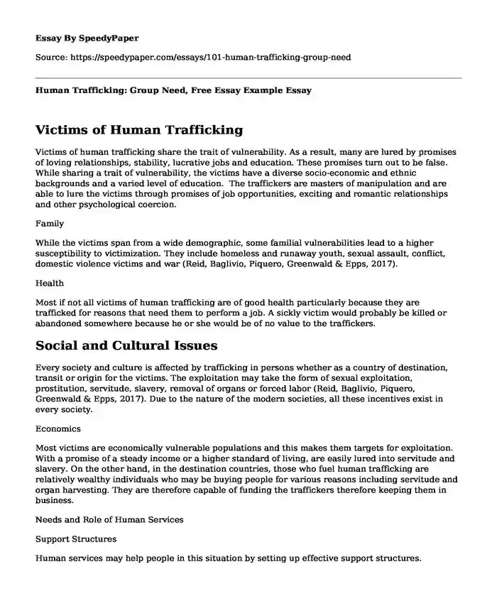 Human Trafficking: Group Need, Free Essay Example